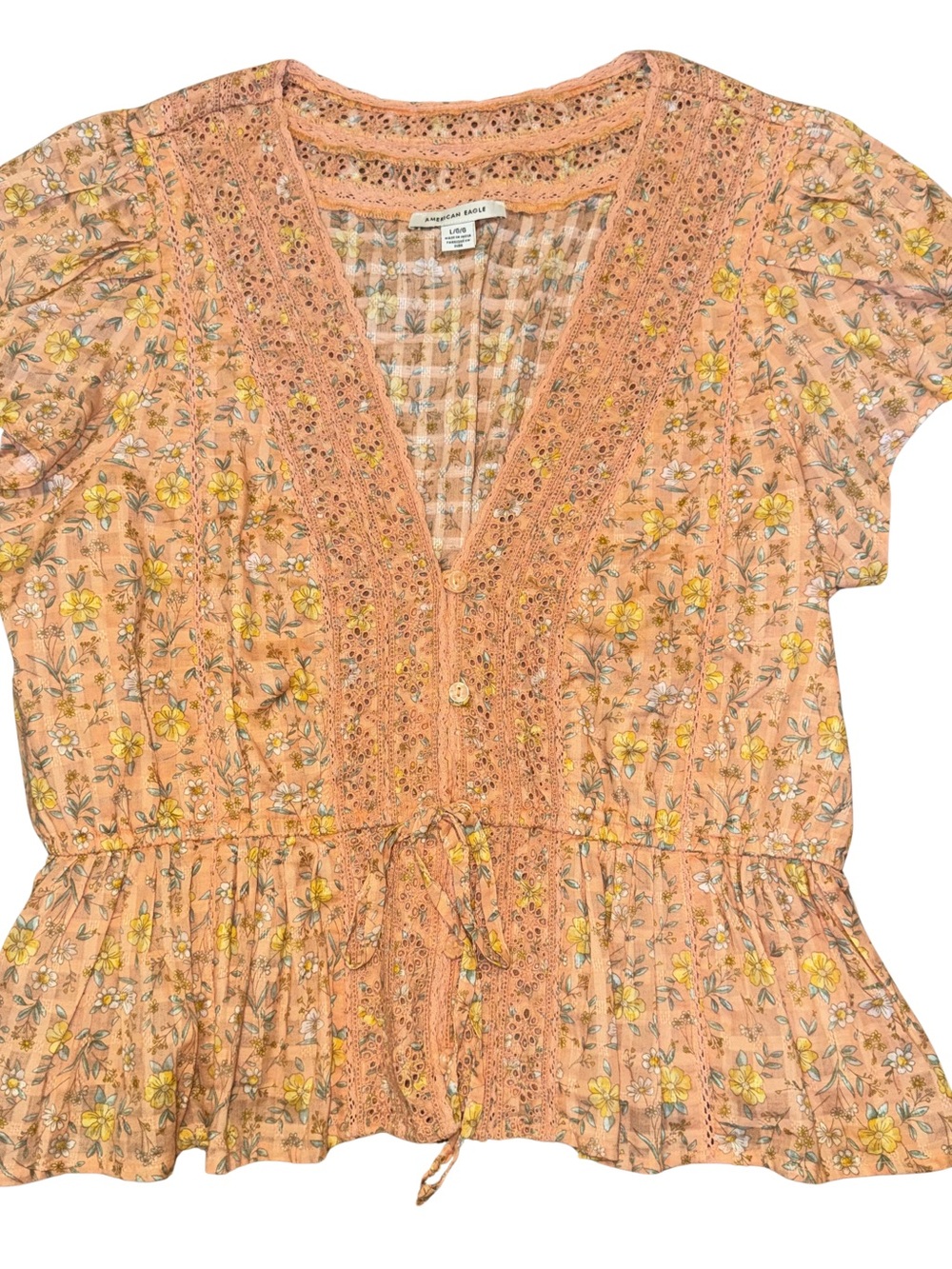 American Eagle Coral Floral Lace-Trim Puff Sleeve Peplum Top